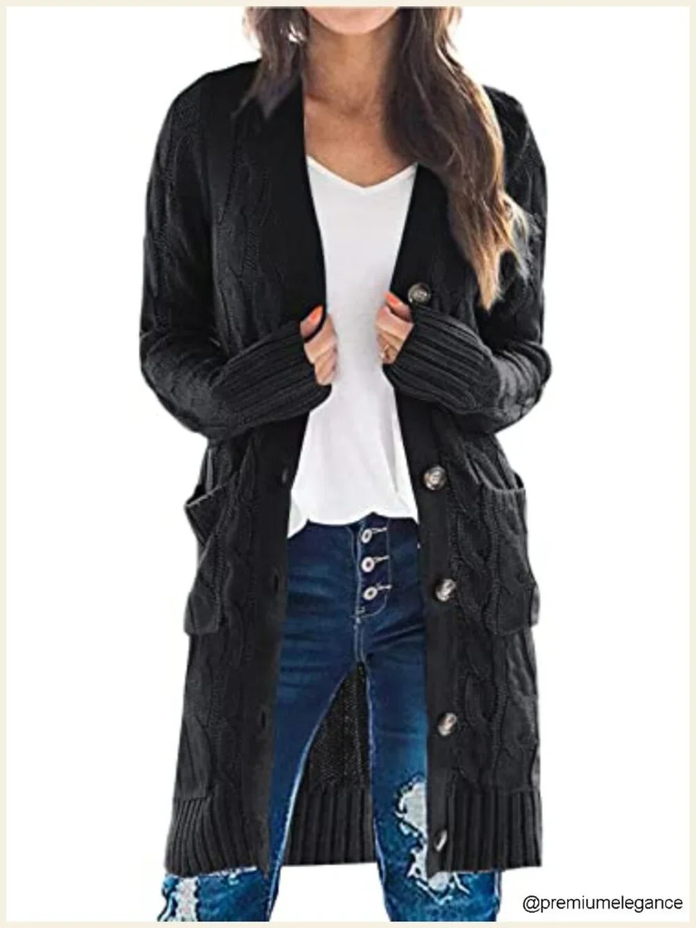 Long Cable Knit Cardigan with Pockets Chunky Open Front Button Down Sweater
